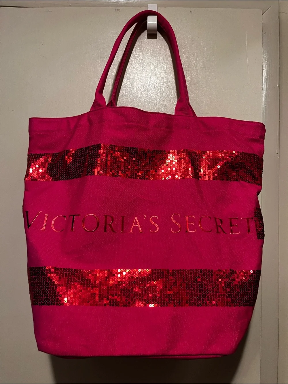 Victoria's Secret Hot Pink Tote with Red Sequin Stripes(2 bags total)